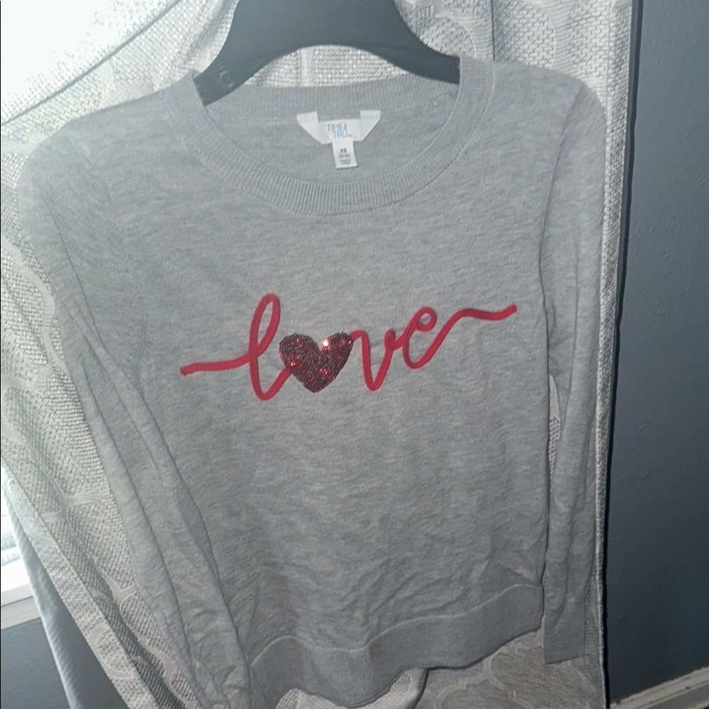 Time and Tru Gray Crewneck Sweater with Red Love Design